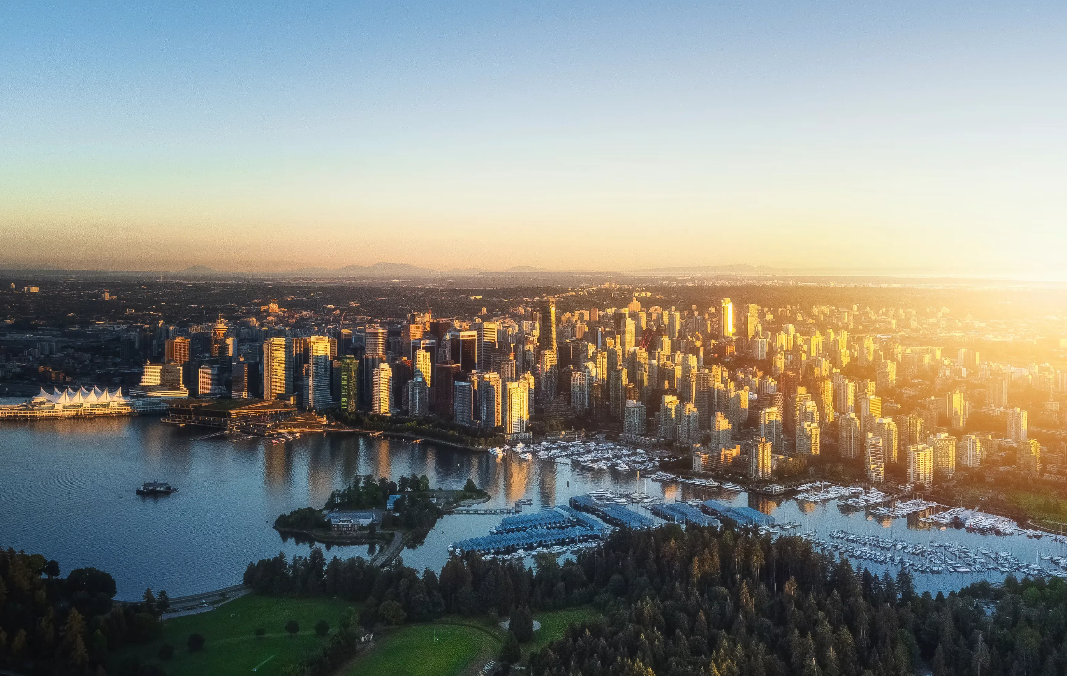 Aerial view of Vancouver at dusk
